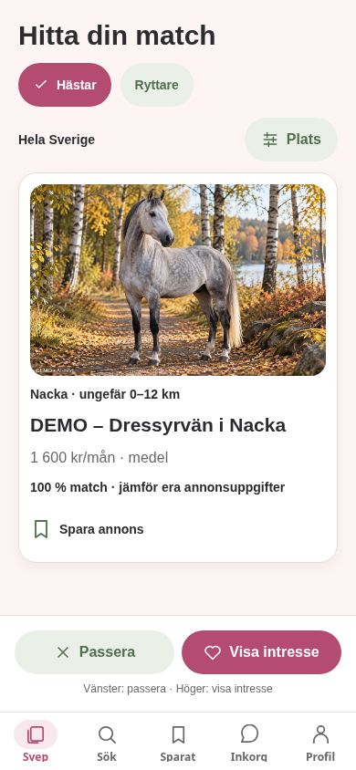 HästMatchs svepvy med en demoannons, matchning och knappar för att visa intresse eller gå vidare.